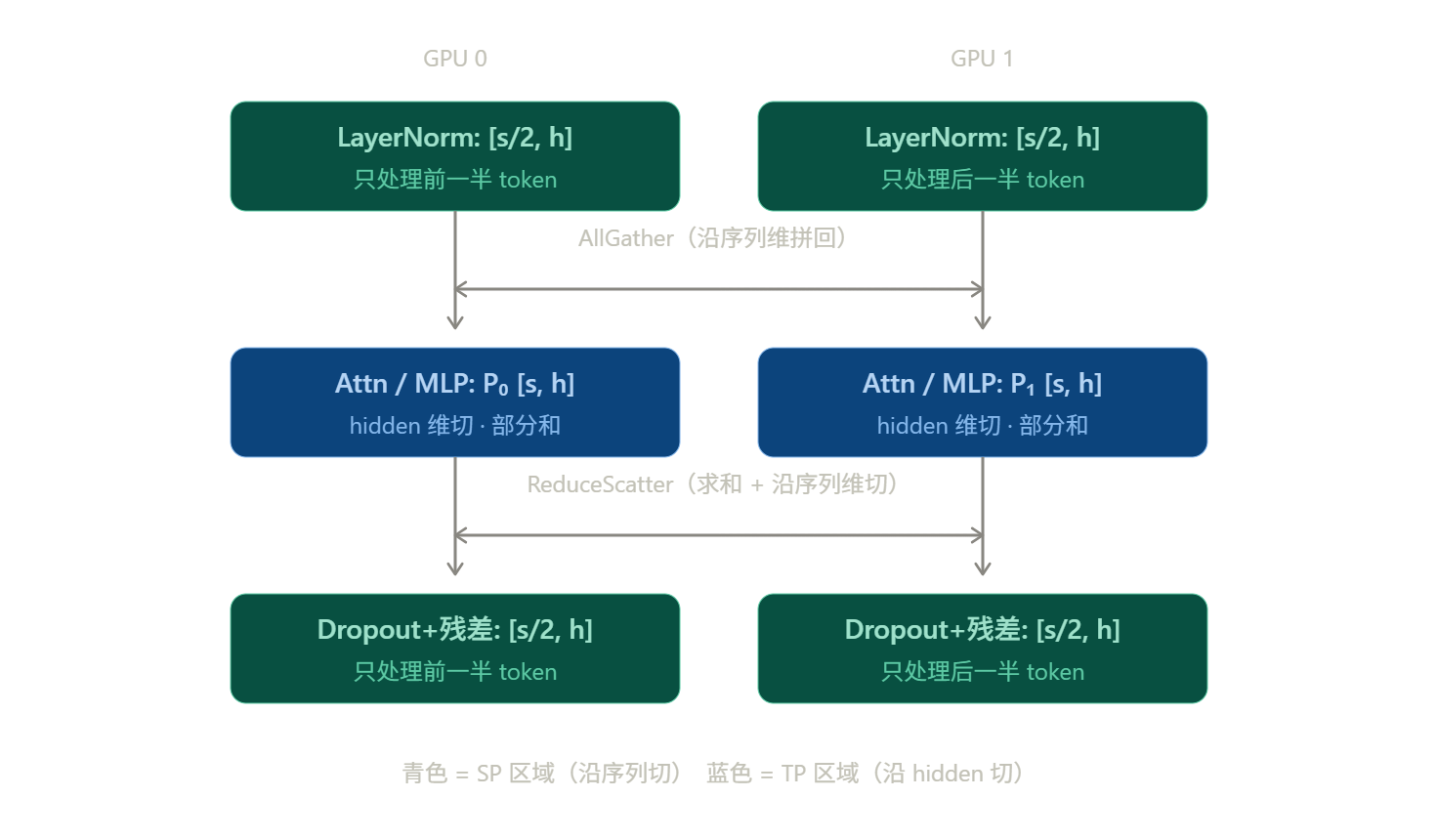 加入 SP 后按序列维切分的 LayerNorm 和 Dropout